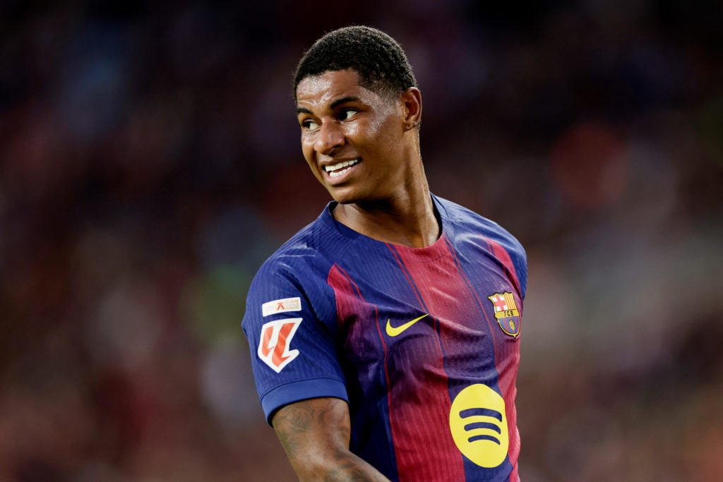 Marcus Rashford looks on during Barcelona's match with Real Sociedad in La Liga