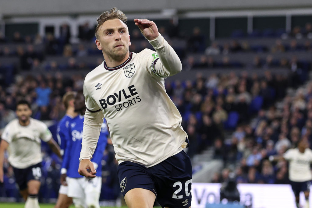 Jarrod Bowen celebrates scoring in West Ham United's 1-1 draw with Everton at the Hill Dickinson Stadium