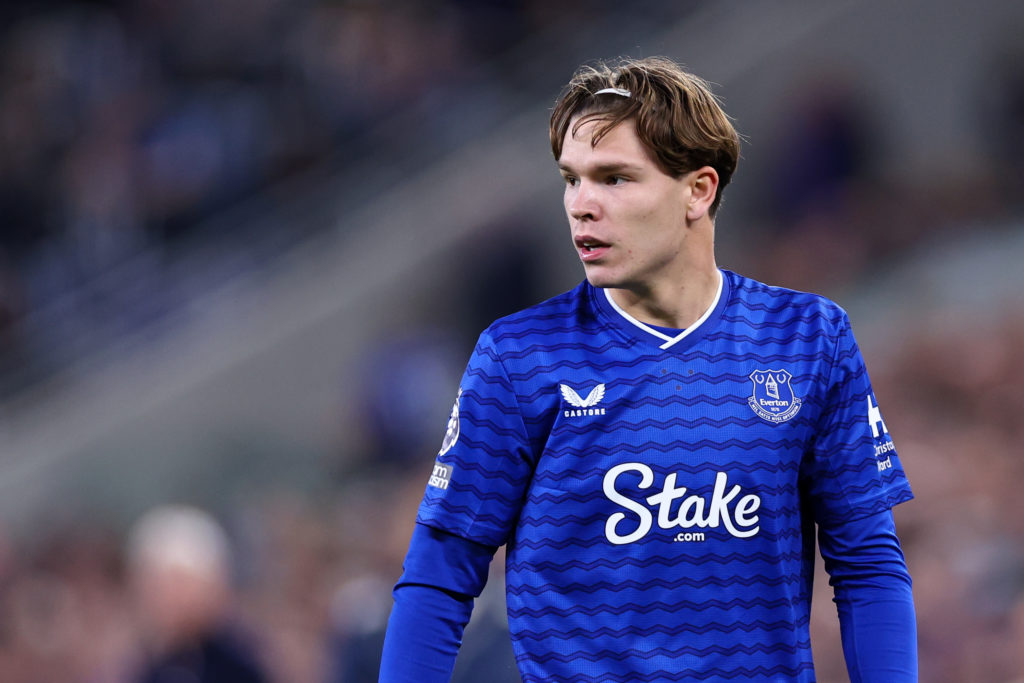 Tyler Dibling of Everton during the Premier League match between Everton and West Ham United at Hill Dickinson Stadium.
