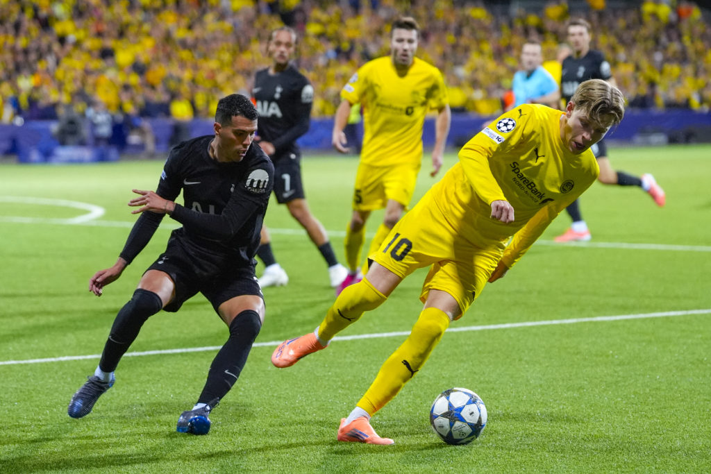 Tottenham Hotspur full-back Pedro Porro battles for the ball with Bodo/Glimt forward Jens Petter Hauge