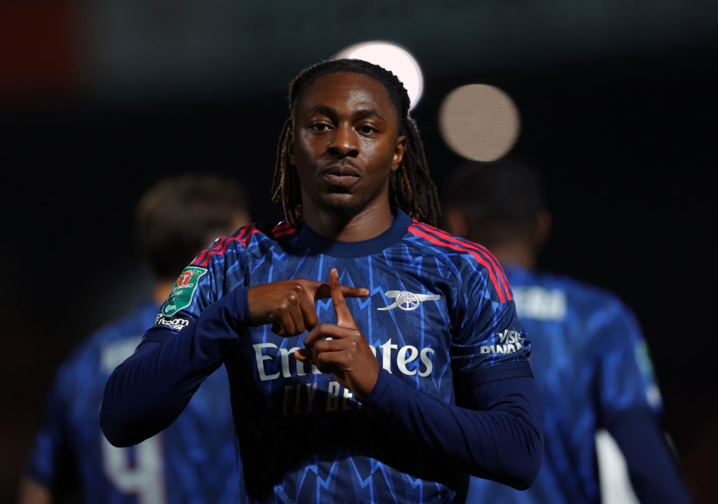 Eberechi Eze celebrates scoring for Arsenal in the Carabao Cup third round