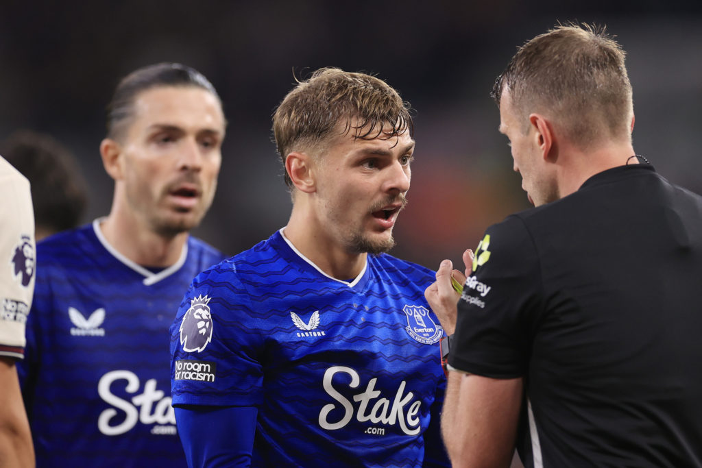 Kiernan Dewsbury-Hall arguing with the referee after being booked during Everton vs West Ham United