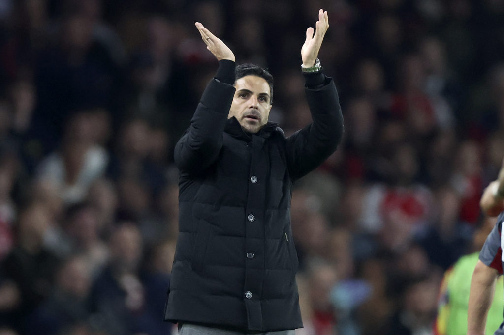 Mikel Arteta applauds during the Champions League match between Arsenal and Olympiacos
