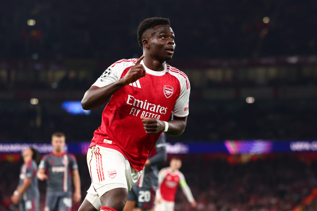 Arsenal forward Bukayo Saka celebrates scoring against Olympiacos in the Champions League