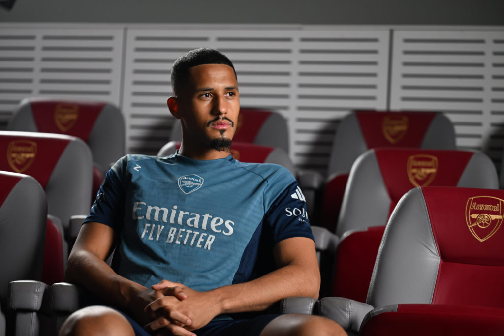 William Saliba looks on after extending his contract with Arsenal