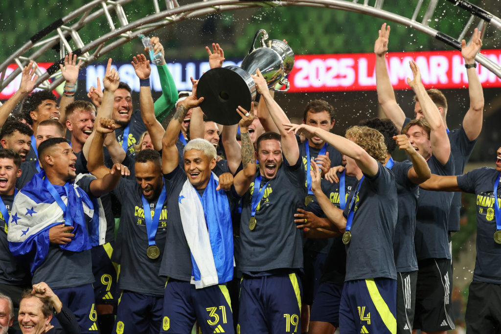 Nashville players celebrating lifting the US Open Cup against Austin FC