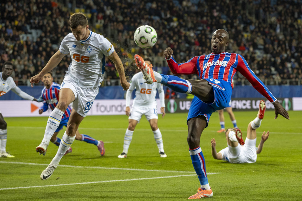 Taras Mykhavko and Jean-Philippe Mateta during UEFA Conference League match between FC Dynamo Kyiv and Crystal Palace FC at Arena Lublin.