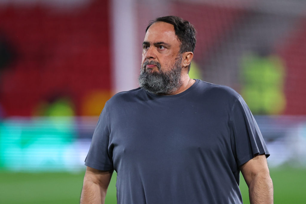 Nottingham Forest owner Evangelos Marinakis on the City Ground pitch before a Europa League match with FC Midtjylland