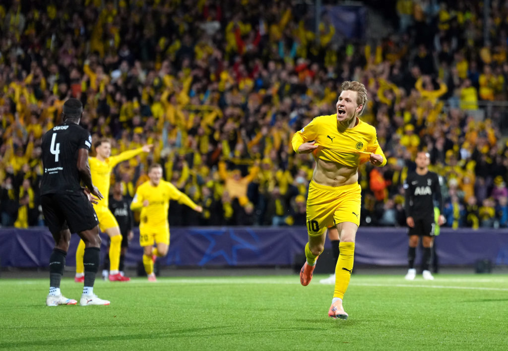 Jens Petter Hauge celebrates scoring for Bodo/Glimt against Tottenham.
