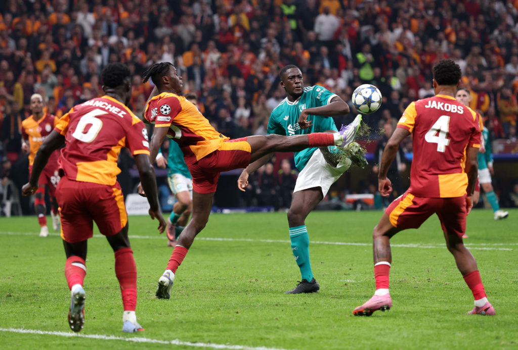 Ibrahima Konate of Liverpool is fouled by Wilfried Singo of Galatasaray A.S. leading to a penalty which was later overturned by VAR during the UEFA Champions League 2025/26 League Phase MD2 match between Galatasaray A.S. and Liverpool FC at Ali Sami Yen Spor Kompleksi.
