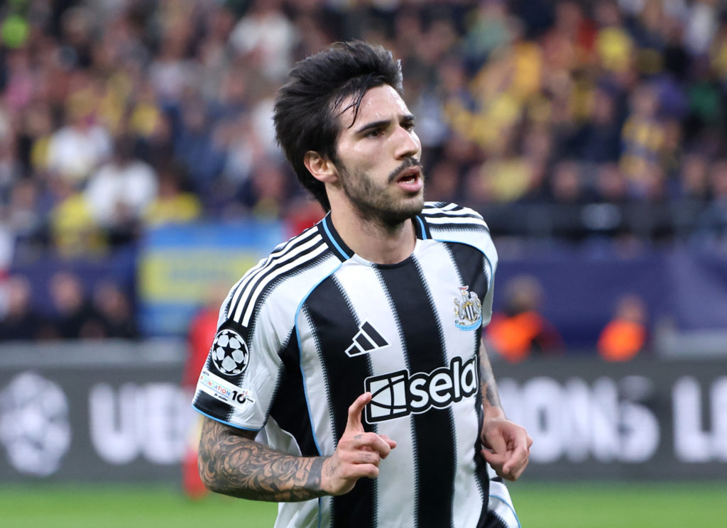 Newcastle United midfielder Sandro Tonali celebrates a goal in the Champions League