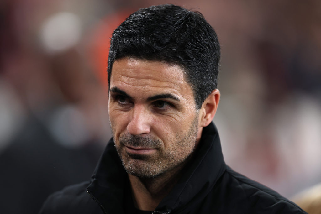 Mikel Arteta looks on during Arsenal's Champions League victory against Olympiacos at the Emirates Stadium