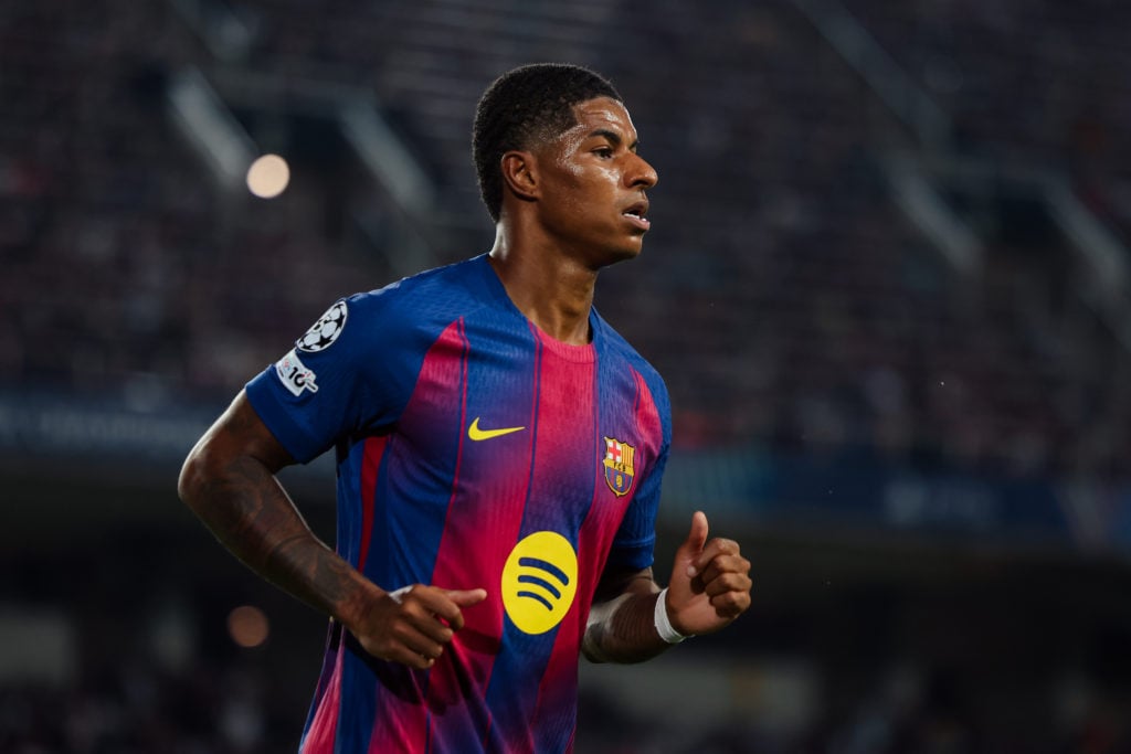 Marcus Rashford look on during Barcelona's Champions League defeat against Paris Saint-Germain