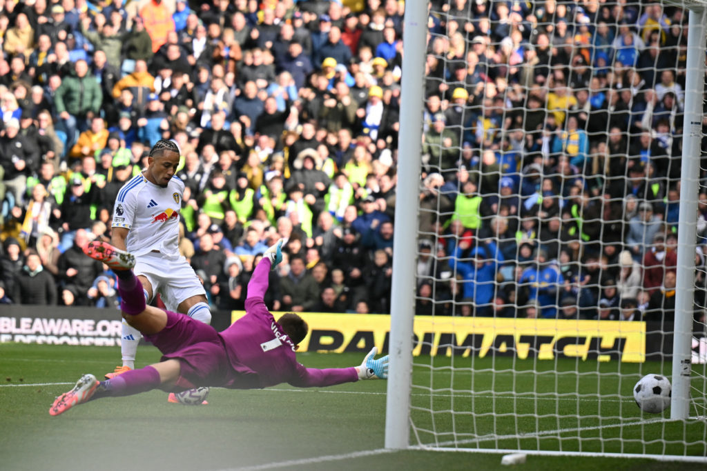 Leeds United striker Noah Okafor scores their equaliser against Tottenham Hotspur at Elland Road