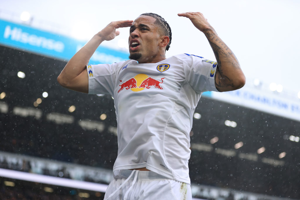 Noah Okafor celebrates after scoring for Leeds United against Tottenham