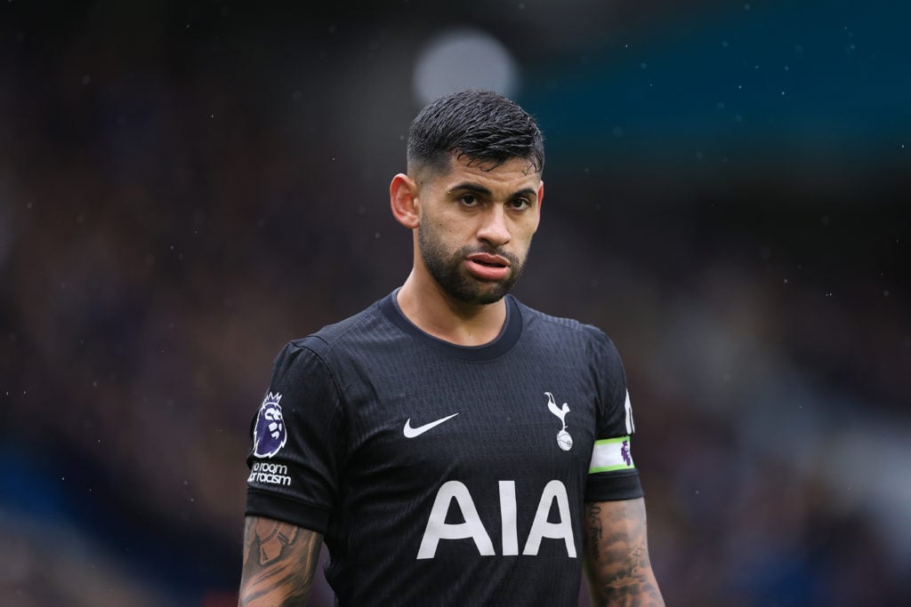 Cristian Romero looks on during Tottenham Hotspur's victory against Leeds United at Elland Road