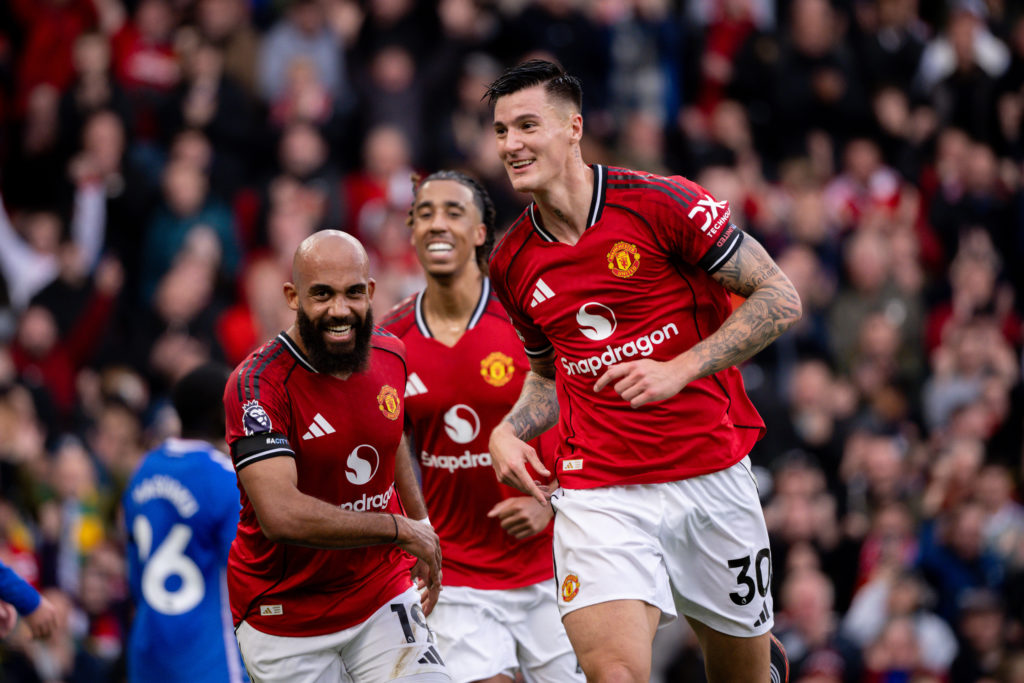 Benjamin Sesko celebrates scoring his goal during Manchester United's victory against Sunderland at Old Trafford