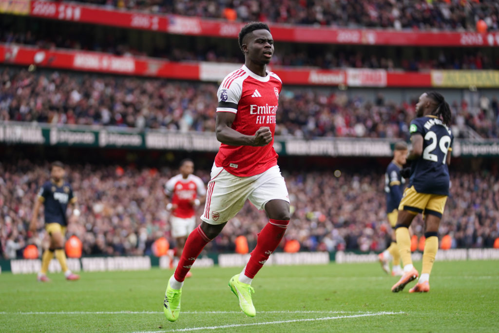 Bukayo Saka celebrates scoring his goal in Arsenal's victory against West Ham