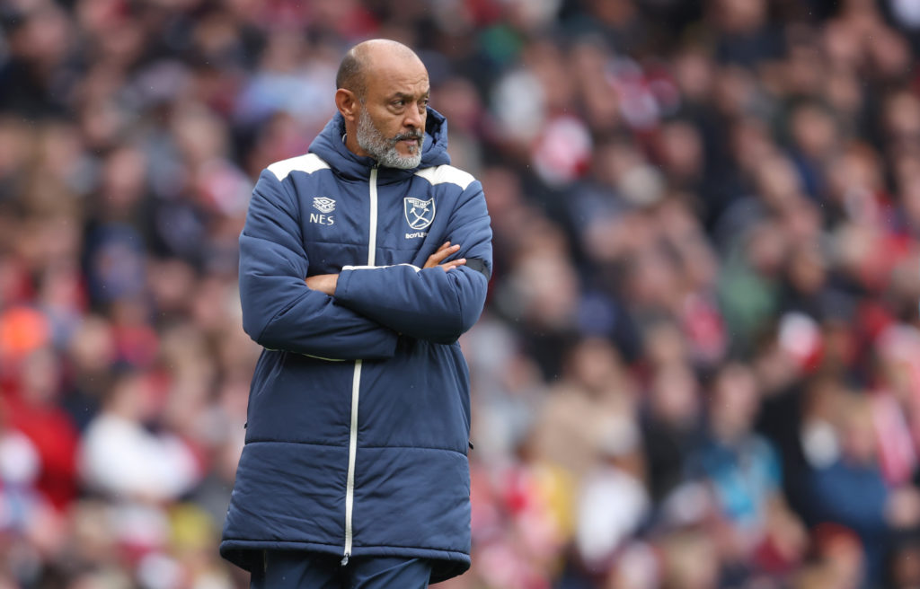 Nuno Espirito Santo watches on from the touchline during West Ham's Premier League defeat against Arsenal at the Emirates