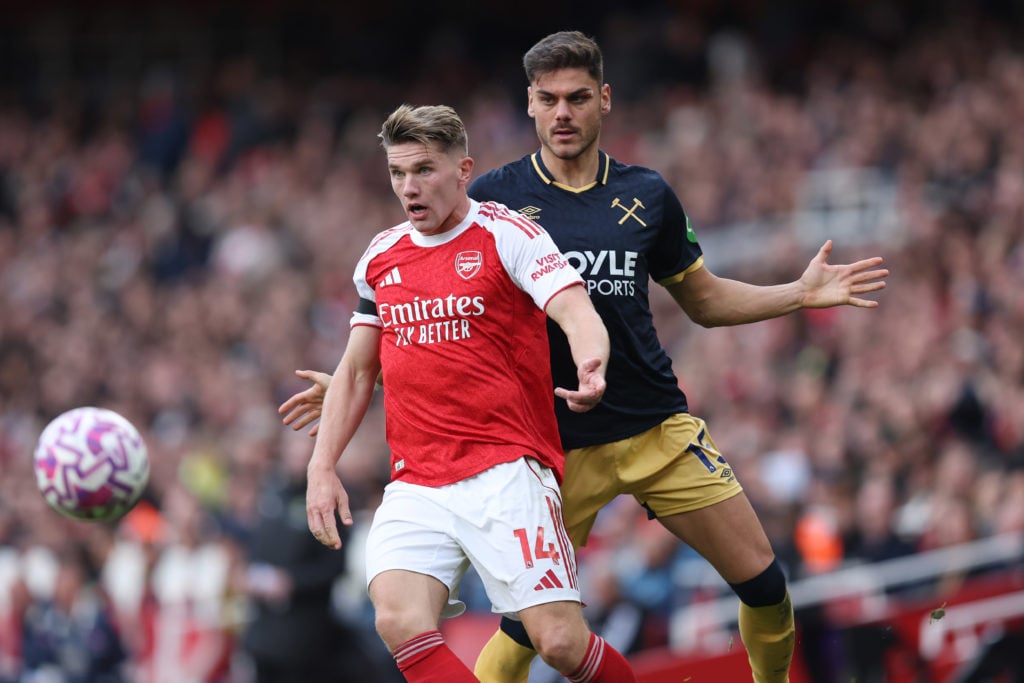 Arsenal's Viktor Gyokeres duels with West Ham's Konstantinos Mavropanos.