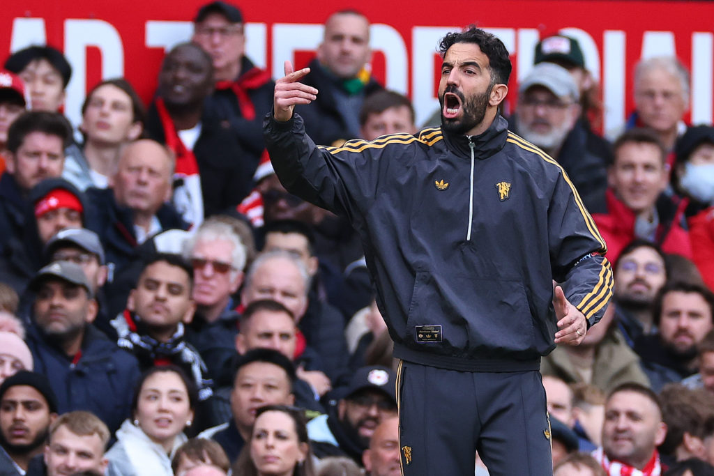 Ruben Amorim reacts on the touchline during Manchester United's 2-0 win against Sunderland at Old Trafford