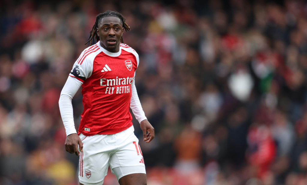 Eberechi Eze looks on during an Arsenal match with West Ham
