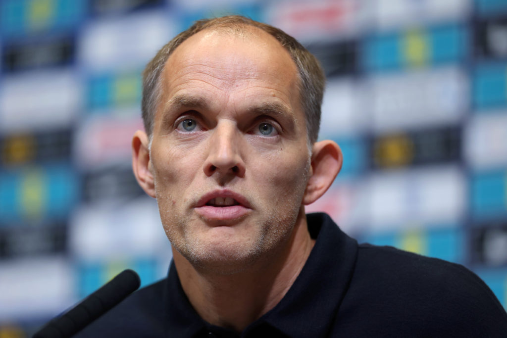 England head coach Thomas Tuchel talks to the media during a press conference