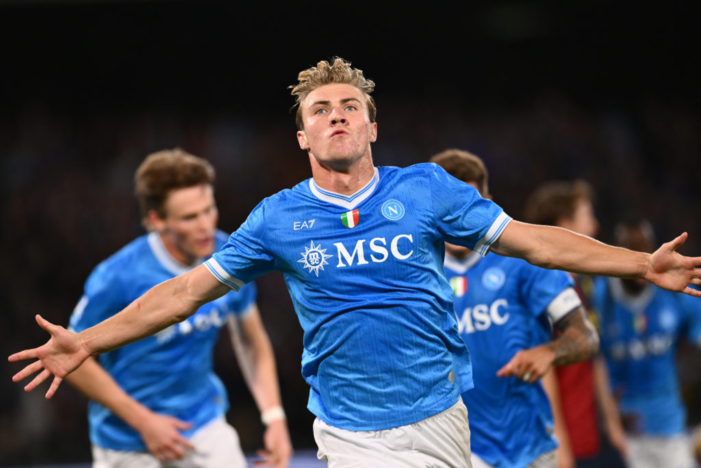 Napoli striker Rasmus Hojlund celebrates scoring a goal against Genoa in Serie A