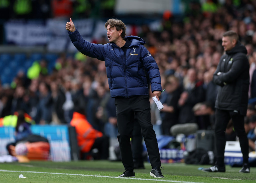 Thomas Frank gestures during Tottenham's win over Leeds United in the Premier League