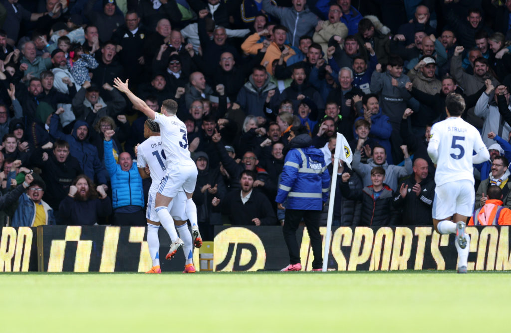 Noah Okafor celebrates scoring Leeds United's equaliser against Tottenham