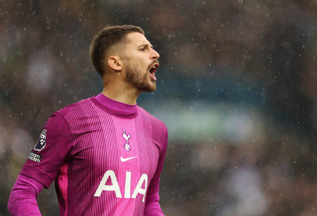 Guglielmo Vicario shouts during Tottenham's match with Leeds