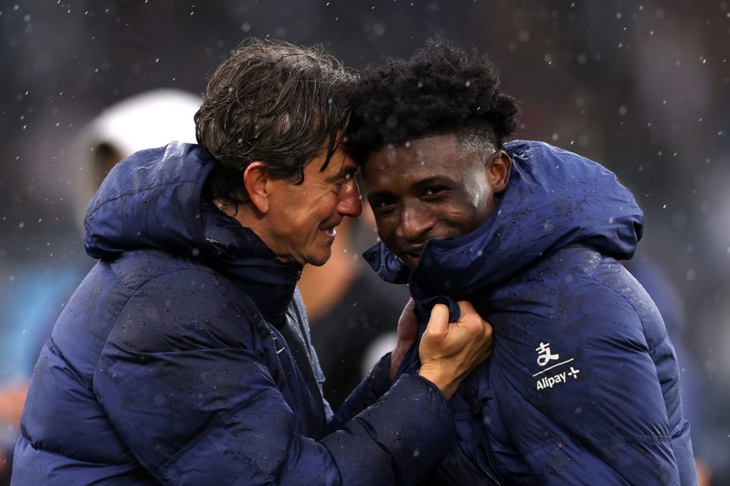 Tottenham Hotspur manager Thomas Frank grabs Mohammed Kudus after beating Leeds.