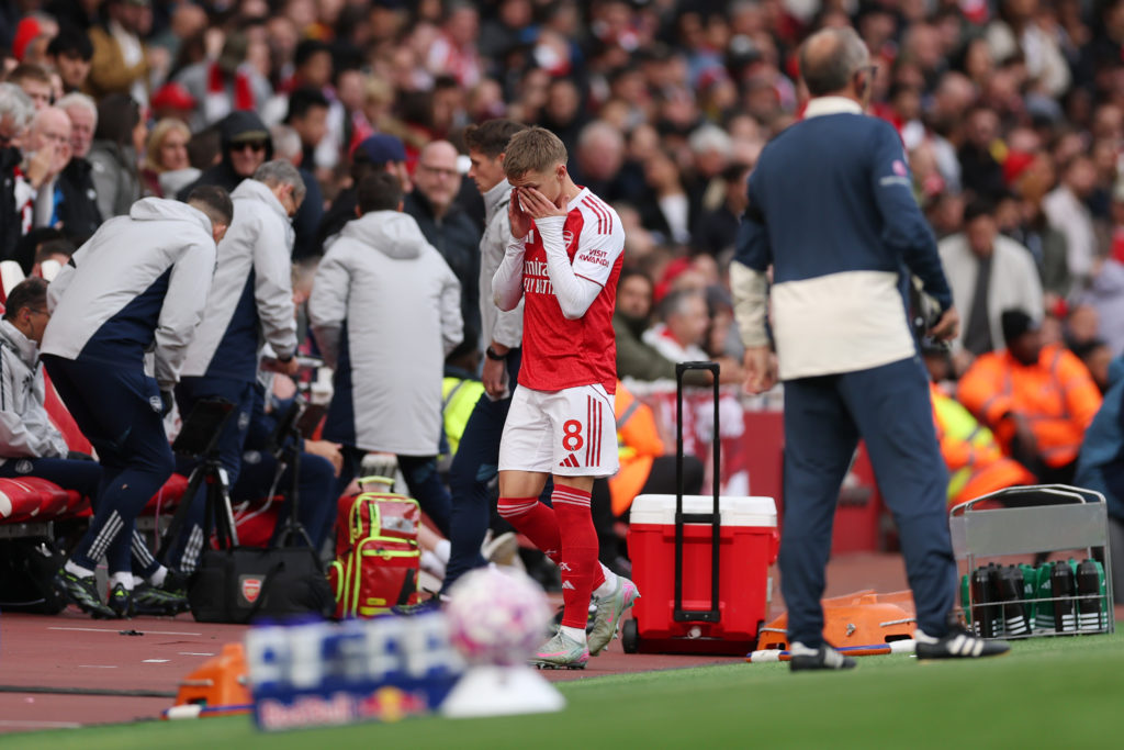 Martin Odegaard looks dejected as he leaves the pitch during Arsenal's victory against West Ham