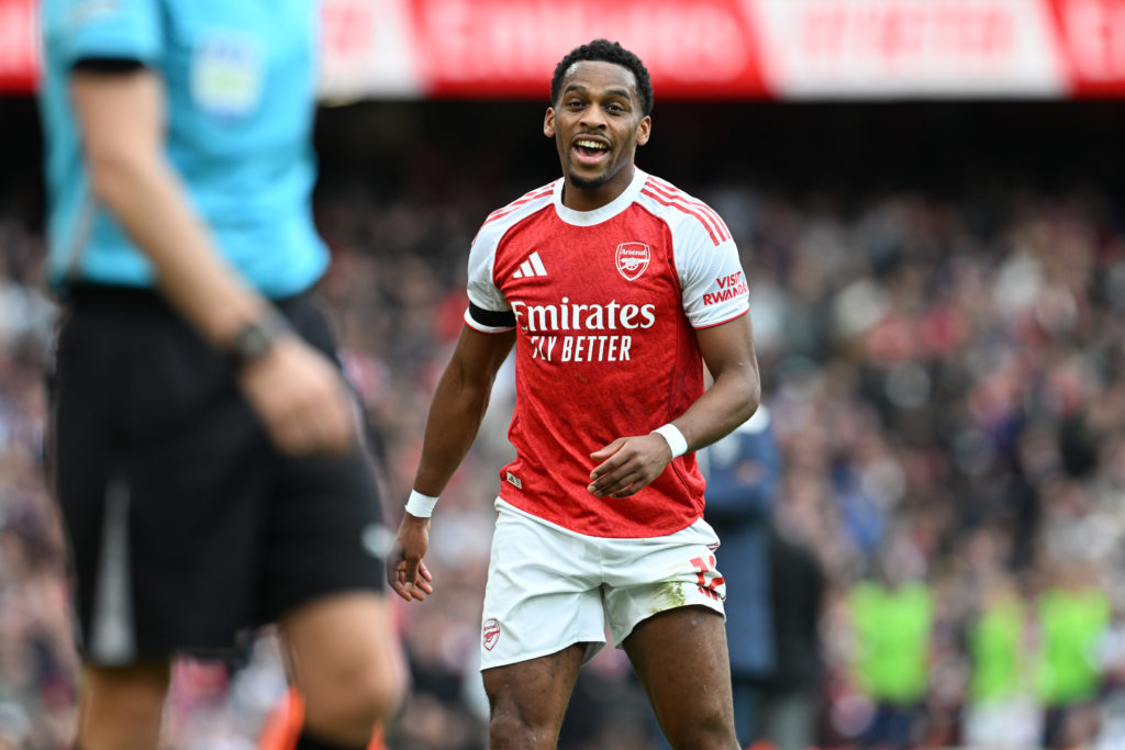 Jurrien Timber reacts during Arsenal vs West Ham