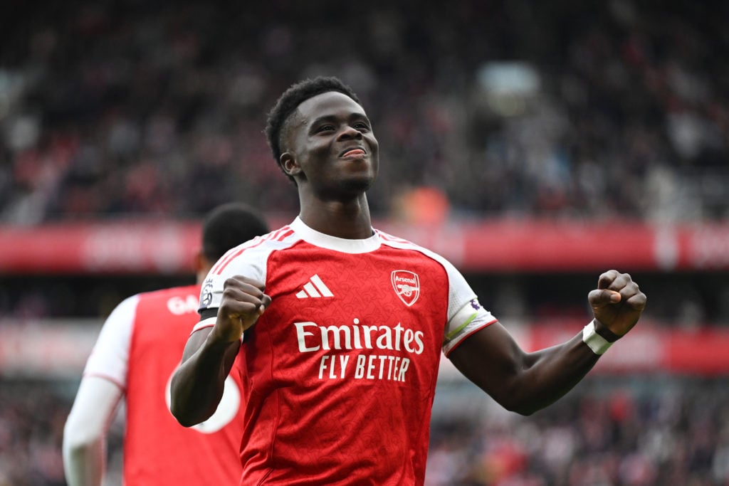 Bukayo Saka celebrates scoring for Arsenal against West Ham in the Premier League