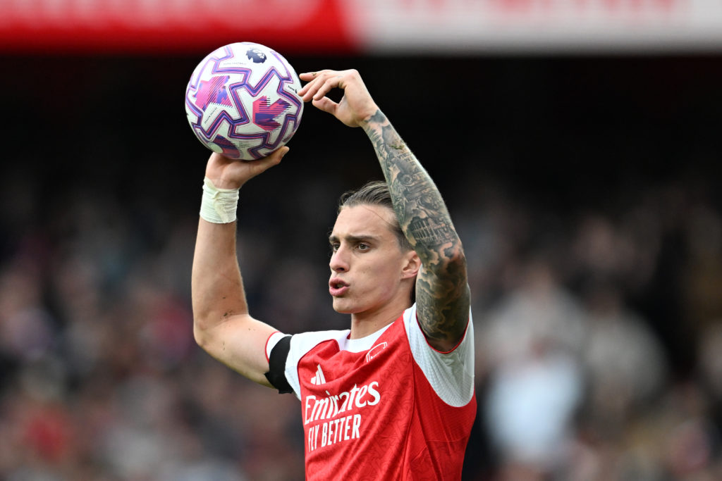 Riccardo Calafiori takes a throw in during Arsenal vs West Ham United in the Premier League