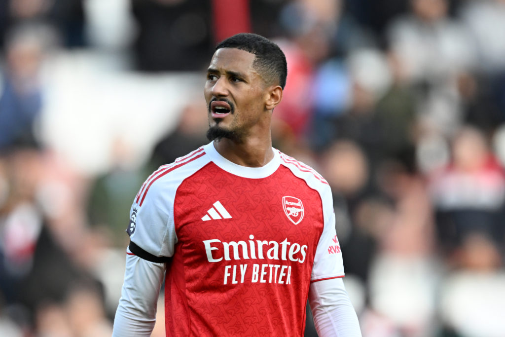 William Saliba reacts during Arsenal vs West Ham