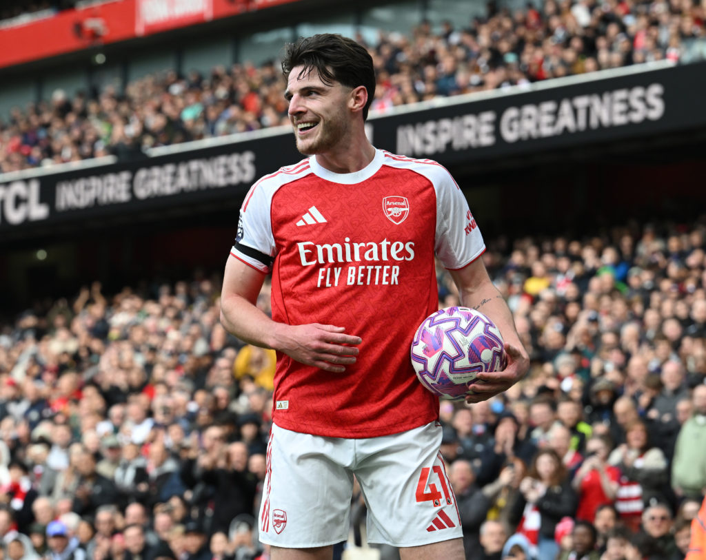 Declan Rice smiles with the ball during Arsenal vs West Ham in the Premier League