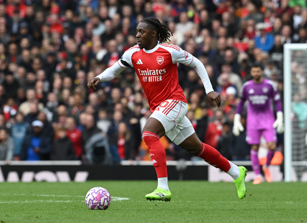 Eberechi Eze runs with the ball during Arsenal's victory against West Ham United at the Emirates Stadium