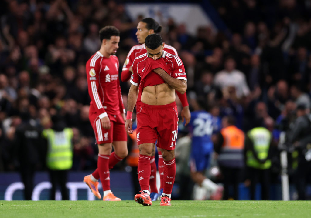 Mohamed Salah of Liverpool looks dejected after Estevao of Chelsea (not pictured) scored his team's second goal during the Premier League match between Chelsea and Liverpool at Stamford Bridge.