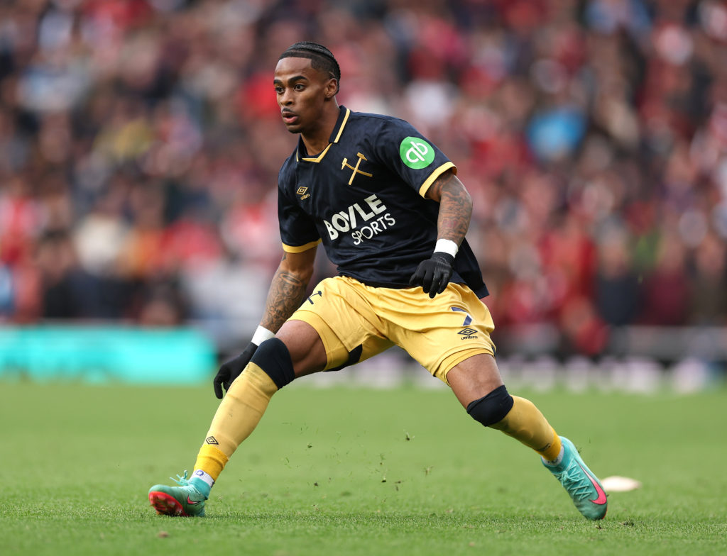 Crysencio Summerville in action during West Ham's defeat against Arsenal at the Emirates Stadium