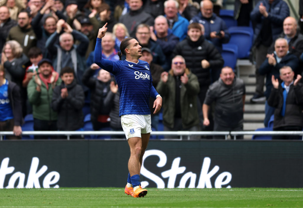 Jack Grealish celebrates after scoring Everton's winning goal against Crystal Palace