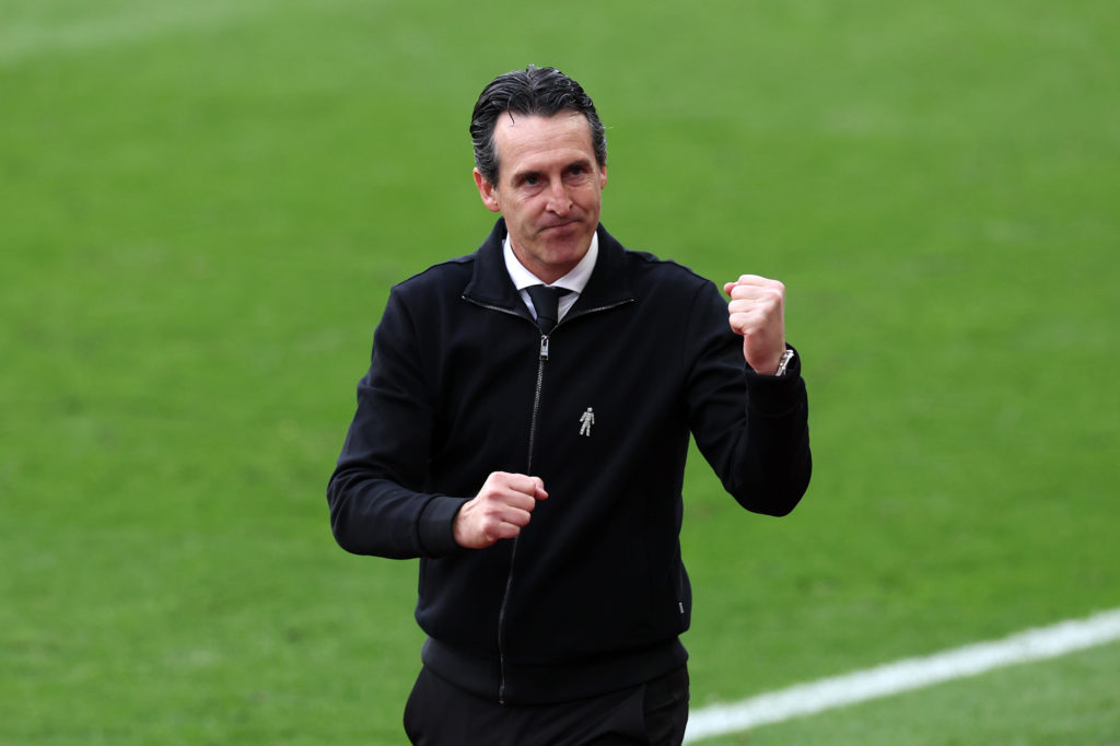 Aston Villa manager Unai Emery celebrates after beating Burnley in the Premier League
