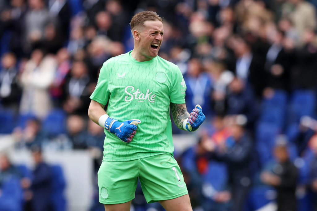 Jordan Pickford celebrates an Everton goal in their victory against Crystal Palace at the Hill Dickinson Stadium