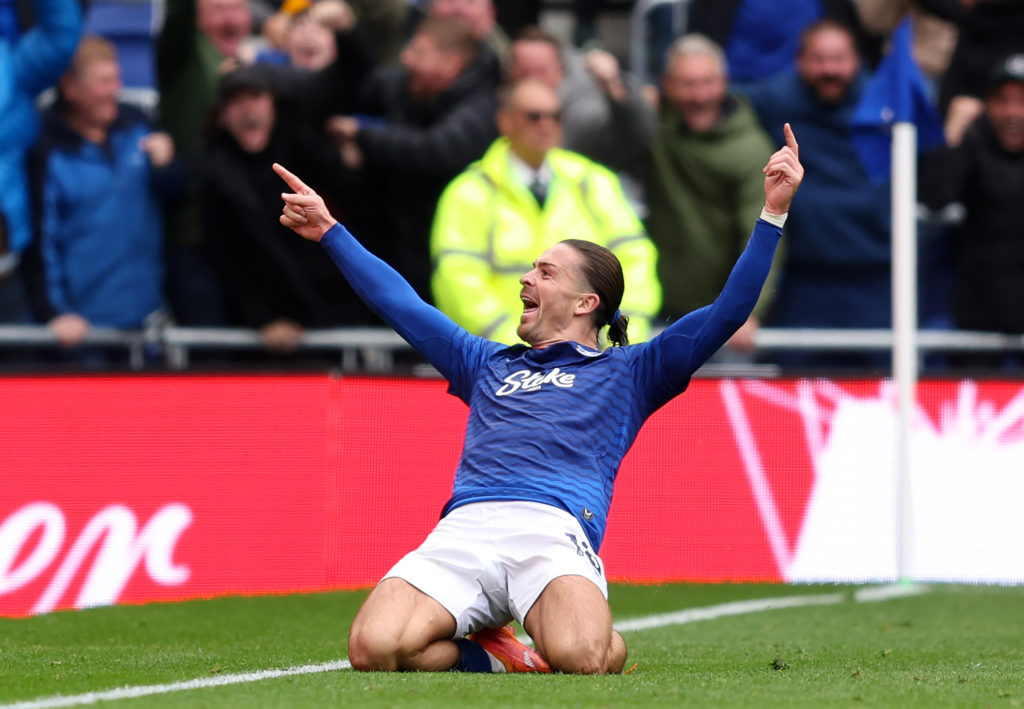 Jack Grealish knee slides in celebration after scoring Everton's winning goal against Crystal Palace