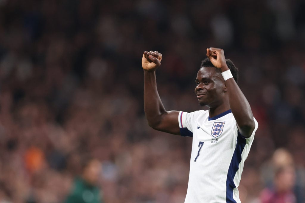 Bukayo Saka celebrates after scoring for England vs. Wales