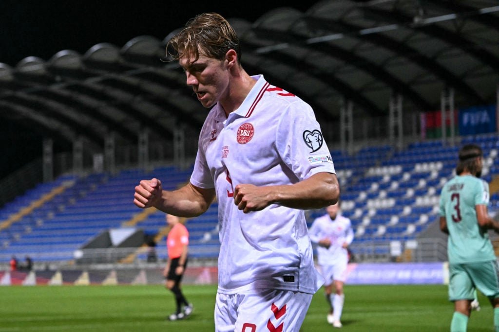 Denmark's forward #09 Rasmus Hojlund celebrates scoring the 2-0 goal during the FIFA World Cup 2026
