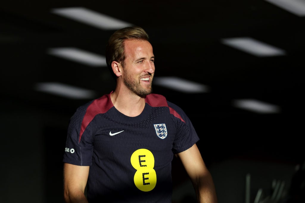 Harry Kane smiles during an England media day