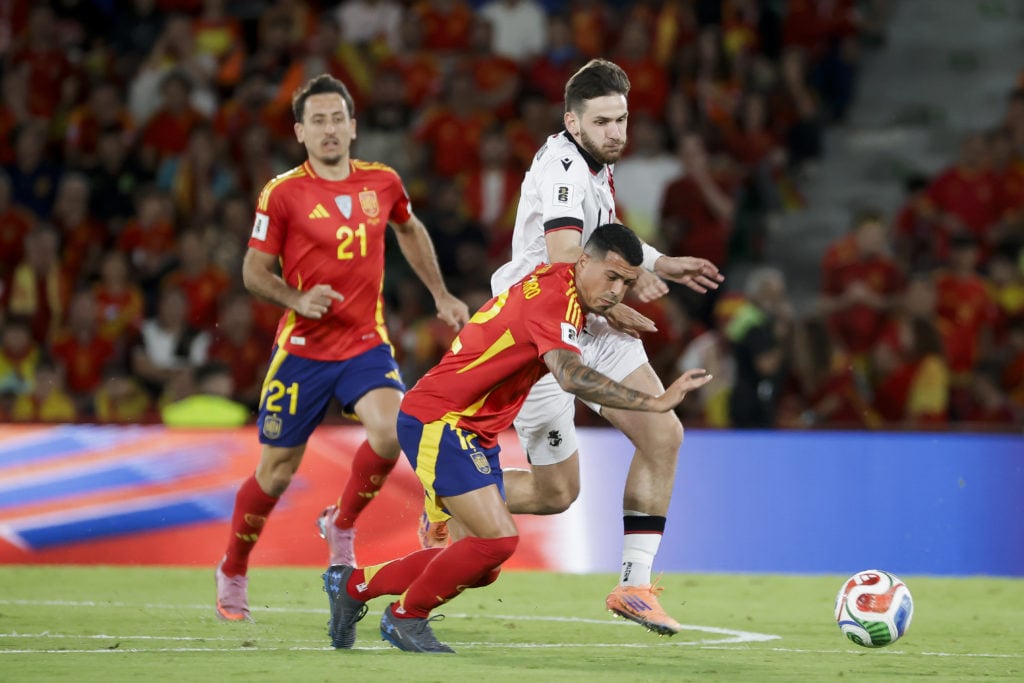 Pedro Porro battles for the ball during Spain vs Georgia