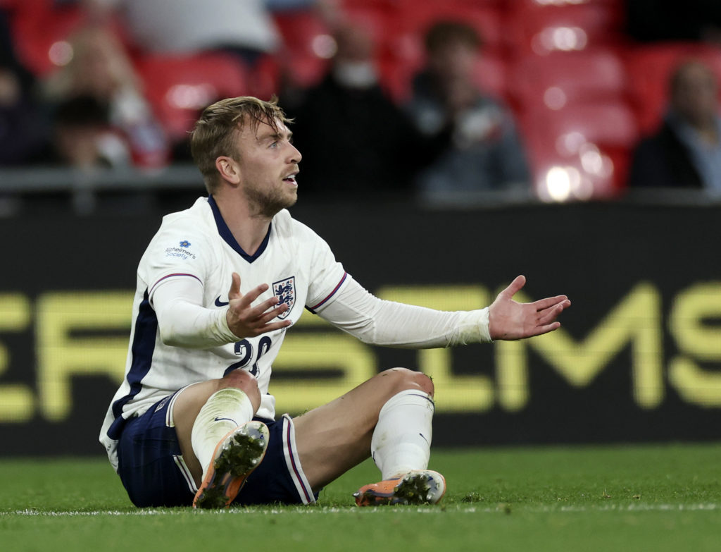 Jarrod Bowen reacts on the ground during England's friendly win against Wales at Wembley